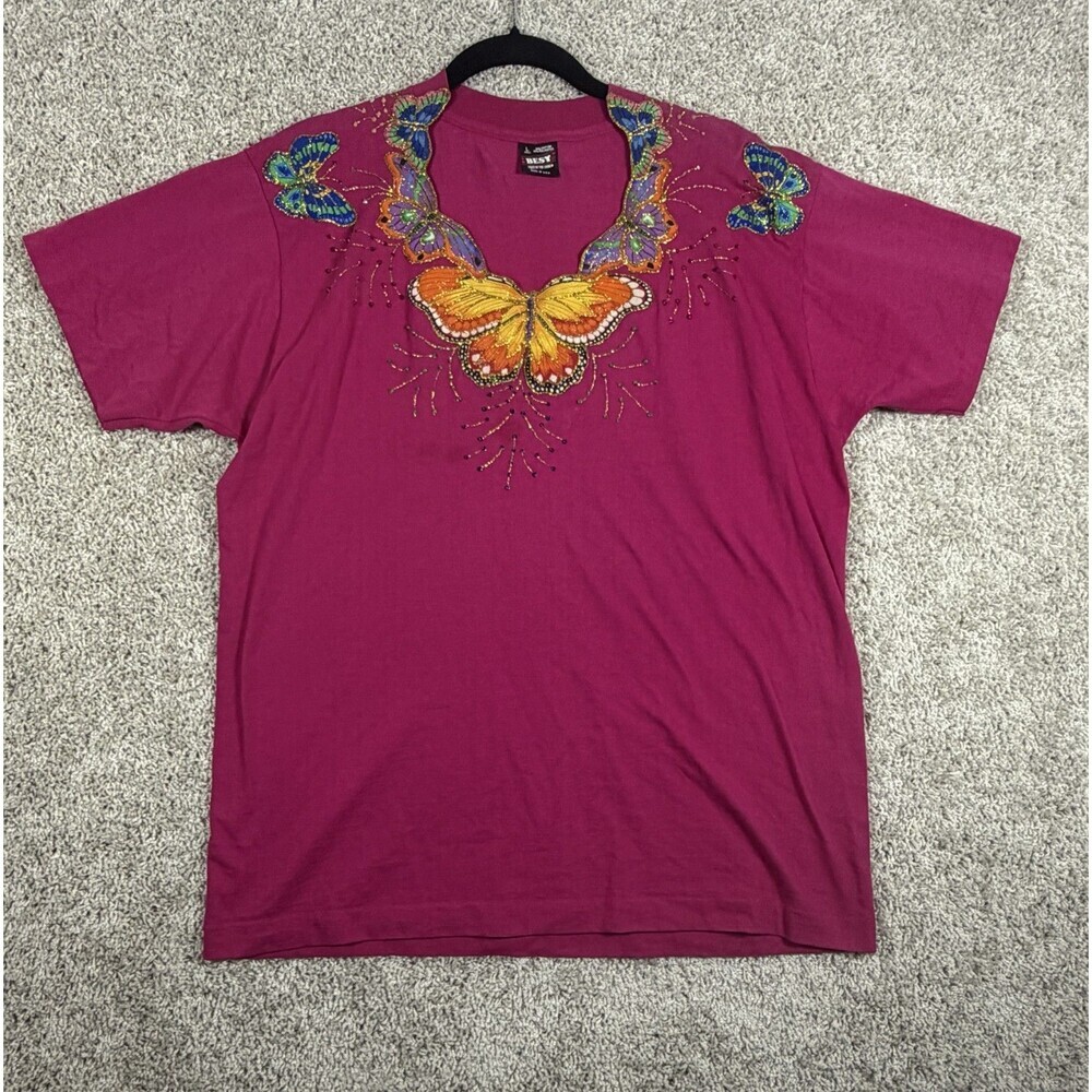 Vintage Butterfly Beaded T Shirt Womens L Pink USA Fruit Of The Loom